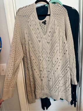 torrid Beige Open-Knit V-Neck Sweater